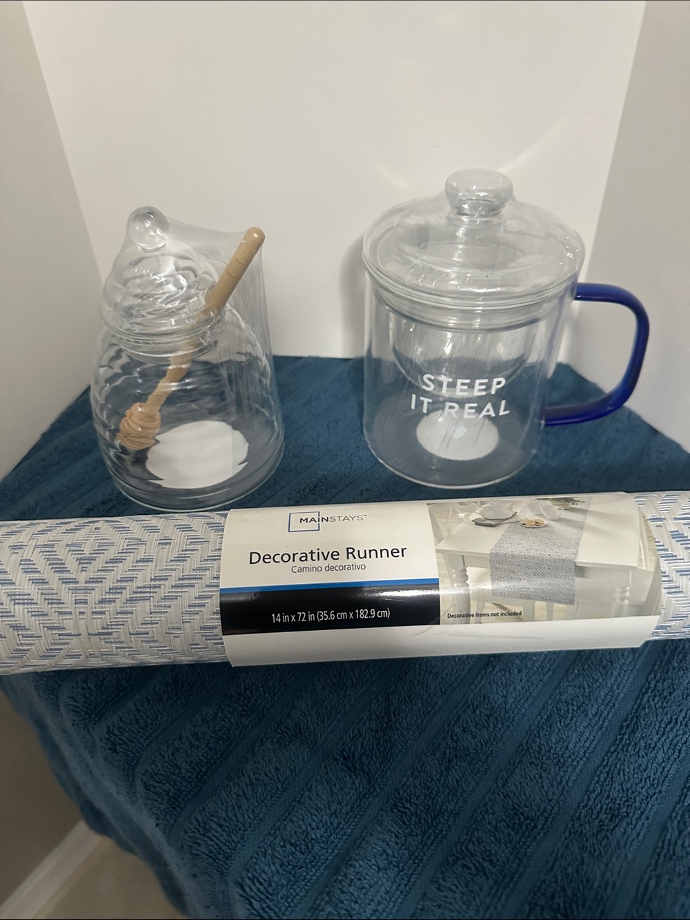 Glass Tea Steeper with Lid and Blue Handle - "Steep It Real", glass honey keeper